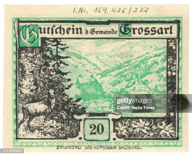 Voucher, 20 Heller, municipality Großarl , mint authority, Franz Kulstrunk , artist, Buch- und Kunstdruckerei Josef Huttegger, Salzburg, printer,...