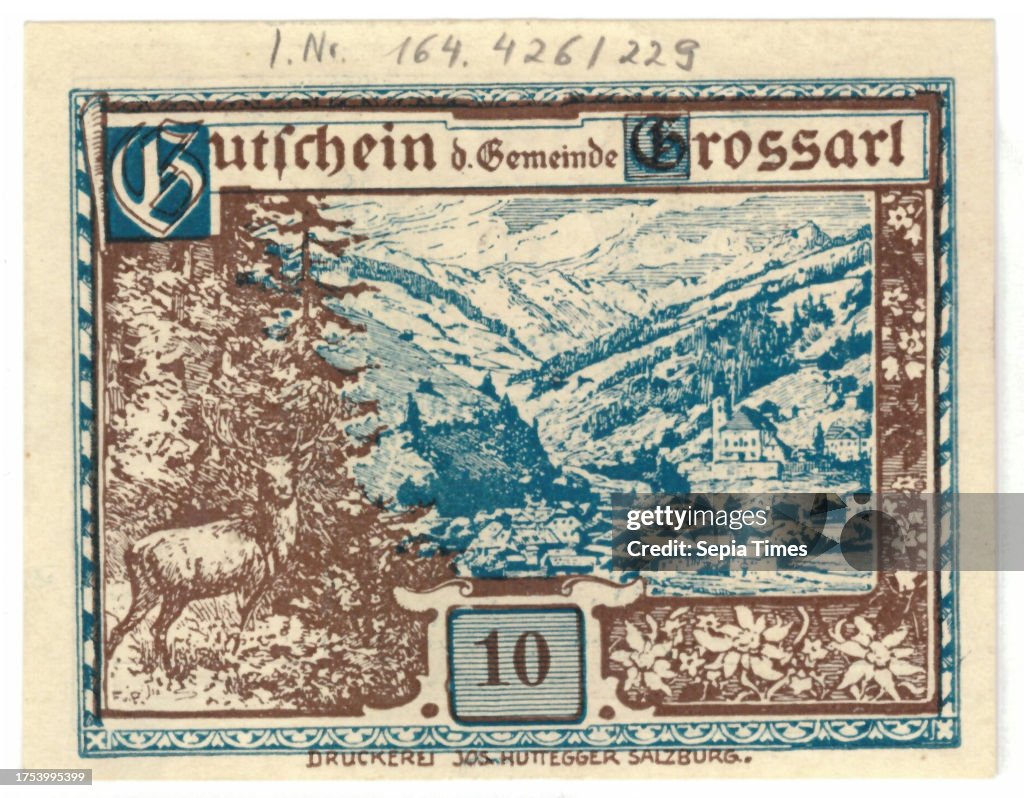 Voucher, 10 Heller, municipality Großarl (Salzburg), mint authority, Franz Kulstrunk (1861-1944), artist, Buch- und Kunstdruckerei Josef Huttegger, Salzburg, printer, date before 31.12.1920, paper, print, height 59 mm, width 75 mm, coin, Salzburg, mint ar