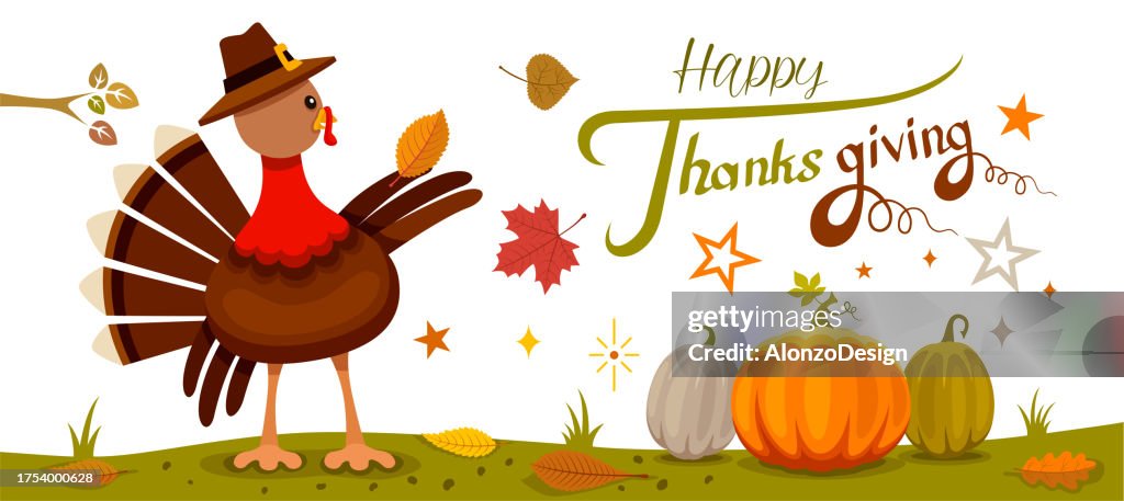 Thanksgiving Day Banner with Pilgrim Turkey and Pumpkins.