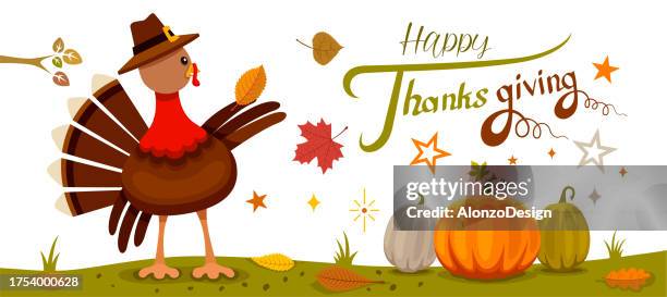 thanksgiving day banner with pilgrim turkey and pumpkins. - thanksgiving table top down stock illustrations