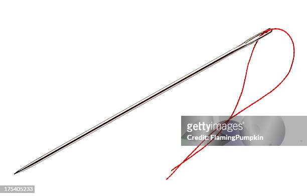 close up of sewing needle and thread, white background. - sewing needle stock pictures, royalty-free photos & images