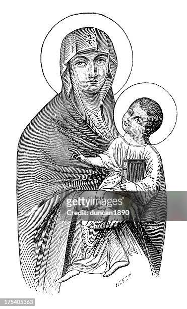 illustrations, cliparts, dessins animés et icônes de vierge marie et l'enfant jésus - madonna portrait