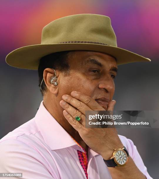 Sunil Gavaskar working for Star Sports during the ICC Men's Cricket World Cup India 2023 match between South Africa and Bangladesh at Wankhede...