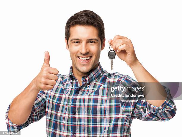 happy young man with car key - isolated - car keys on white stock pictures, royalty-free photos & images