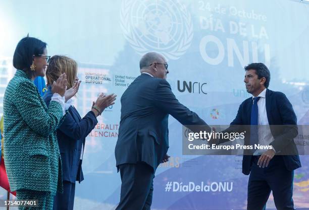 The Head of Mission of the United Nations Office in Valencia, Michel Bergeron , and the President of the Generalitat Valenciana, Carlos Mazon , greet...