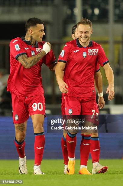 Gianluca Scamacca of Atalanta BC and Teun Koopmeiners of Atalanta BC celebrates after scoring a goal during the Serie A TIM match between Empoli FC...