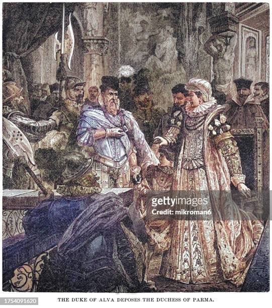 old engraving illustration of fernando álvarez de toledo, 3rd duke of alba, governor of the netherlands in the place of margaret of parma who has abdicated and escorts her out of the country - military parade stock pictures, royalty-free photos & images