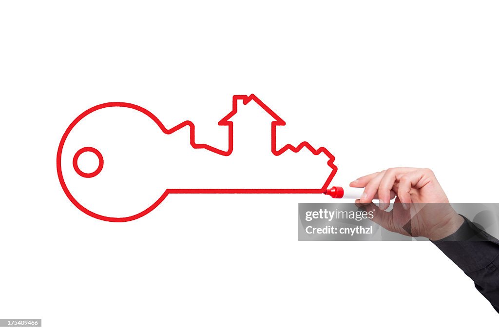 Mão Humana escrever Chave da Casa conceito & hipoteca no Quadro Branco