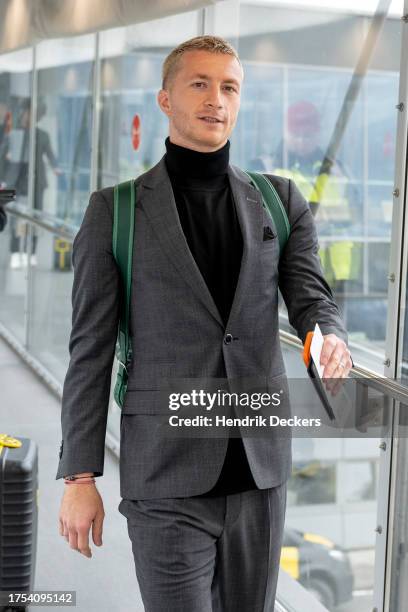 Marco Reus of Borussia Dortmund at the airport ahead of their UEFA Champions League group match against Newcastle United at St. James Park on October...