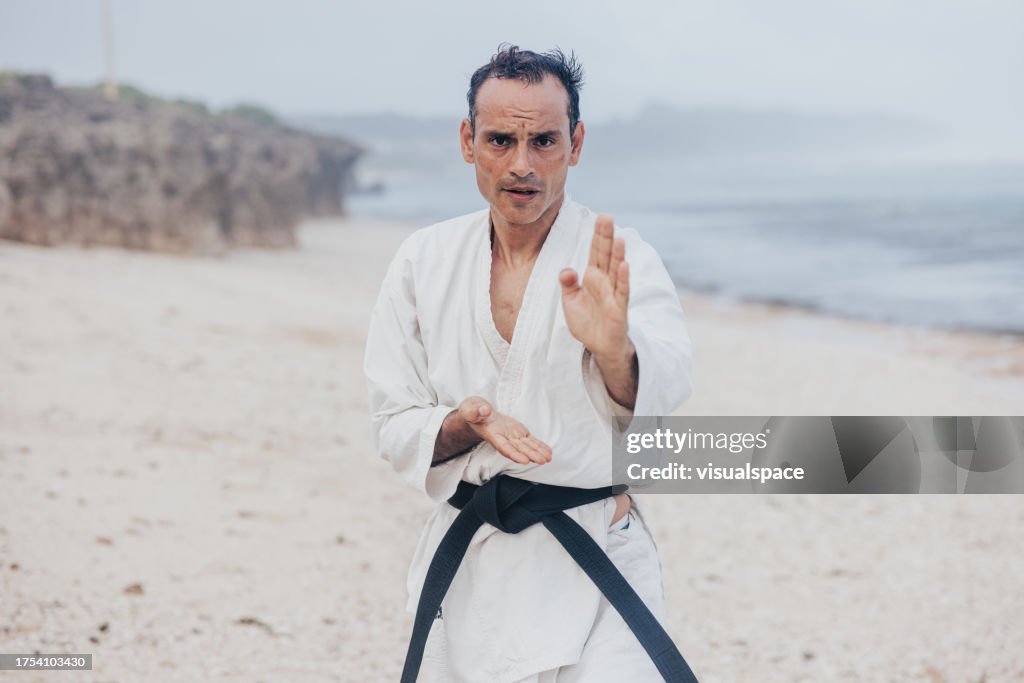 Karate master improving his skill and kicks while enjoying nature