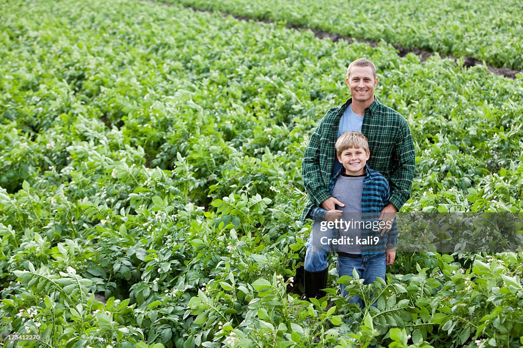 Father and son standing in field of potato crops