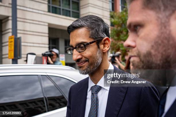 Google and Alphabet CEO Sundar Pichai departs federal court on October 30, 2023 in Washington, DC. Pichai testified on Monday to defend his company...