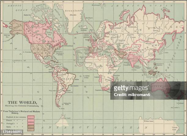 old chromolithograph map of the world, showing the colonial possessions - world map illustration stock pictures, royalty-free photos & images