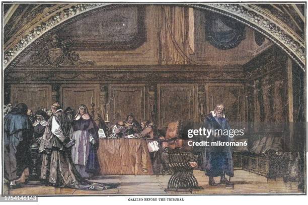 old engraved illustration of galileo galilei (1564-1642) before inquisition (members of the holy office in the vatican in 1633) - renaissance stock pictures, royalty-free photos & images