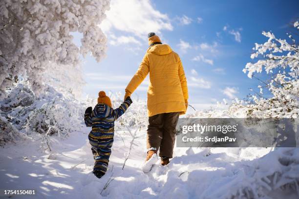 mutter und sohn genießen einen unbeschwerten wintertag auf dem verschneiten berg - family in snow mountain stock-fotos und bilder