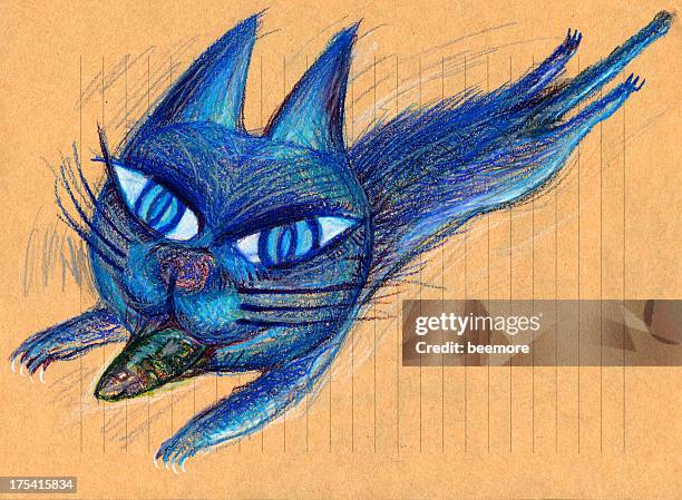 drawing of a blue cat - steal texture stock illustrations