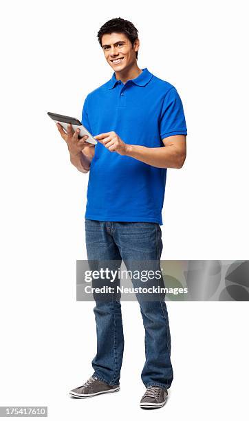 feliz joven usando tableta digital aislada - blue shirt fotografías e imágenes de stock