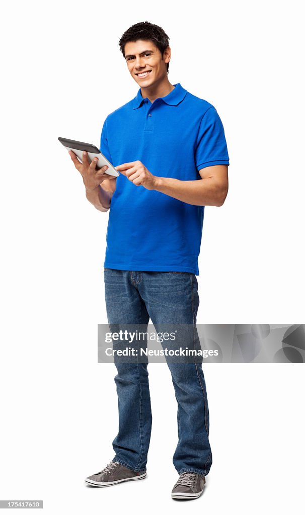 Happy young man using digital tablet on white background