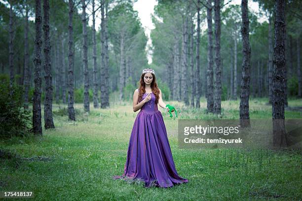belleza princess con rana en el bosque - príncipe azul fotografías e imágenes de stock
