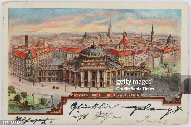 1st, Universitätsring 2 - Burgtheater, view from the City Hall, with panorama of the Inner City, picture postcard, Unknown coated cardboard, color...