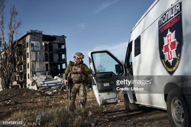 Police officer Gennady conducts evacuation work on October 30, 2023 in Avdiivka, Ukraine. The National Police of Ukraine, along with the "White...