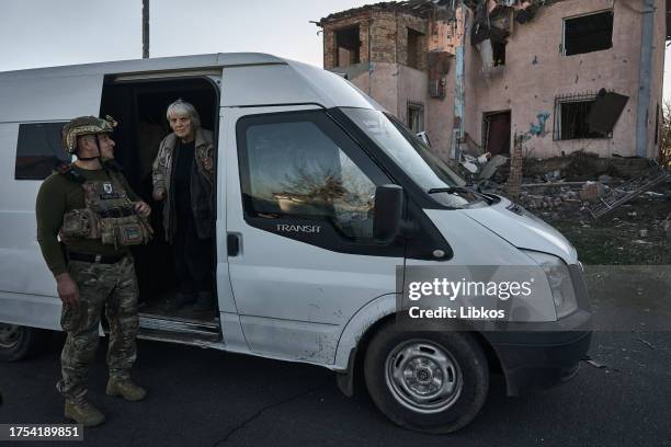 Raisa Ivanovna, a resident of the city is cleared by police conducting evacuation work on October 30, 2023 in Avdiivka, Ukraine. The National Police...