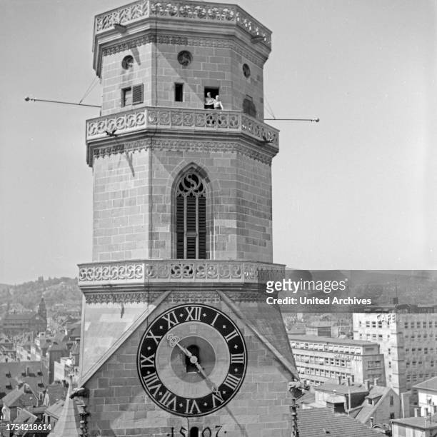 View to the belfry of Stiftskirche church at Stuttgart, Germany 1930s.