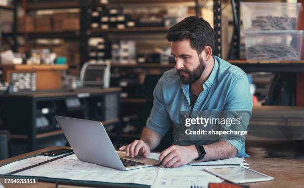 planning, mature manager and a laptop for email, reading communication or management of architecture. workshop, connection and a man typing on a computer for inventory, service or information - inventory management stock pictures, royalty-free photos & images