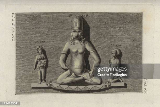 Three Indian figures from a monument. Handcolored copperplate engraving from Robert von Spalart's 'Historical Picture of the Costumes of the...