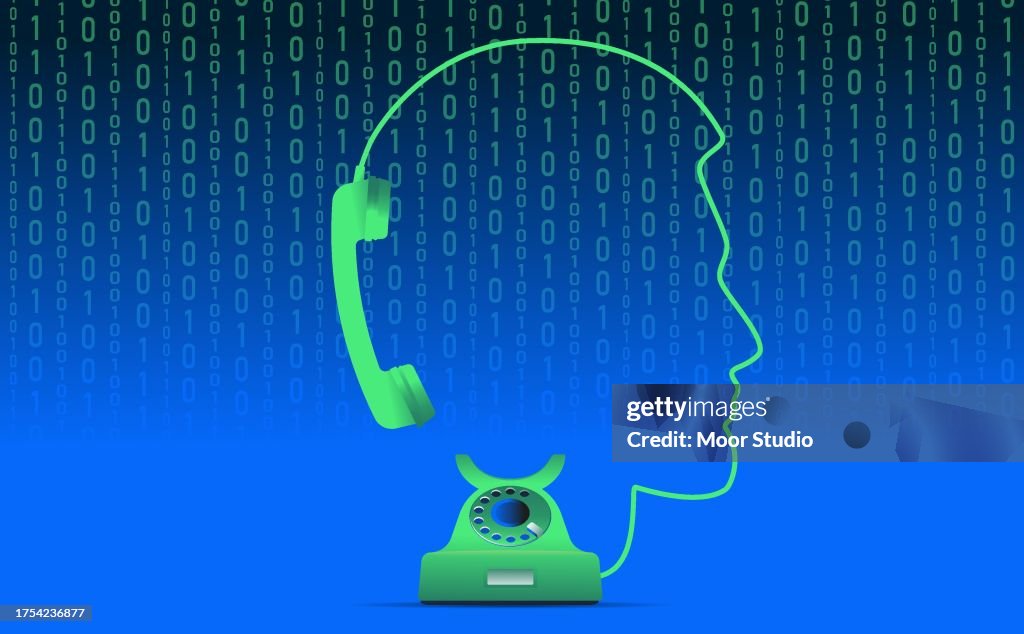Green telephone and a wire in a shape of man head vector illustration
