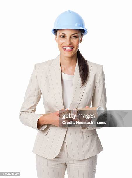 cheerful female architect with blueprint - isolated - architect object stock pictures, royalty-free photos & images