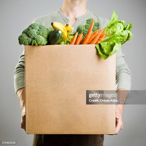 box with vegetables - groceries bag stock pictures, royalty-free photos & images