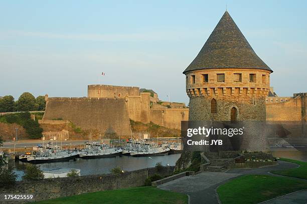 medieval style watch tower overlooking bay - brest brittany stock pictures, royalty-free photos & images