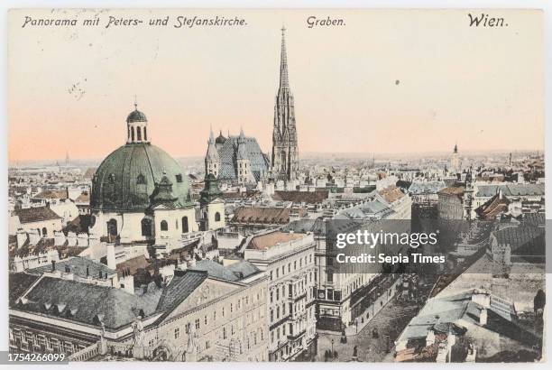 Panorama with St. Peter's and St. Stephen's churches. Graben. Vienna, Paul Ledermann , Producer paperboard, hand colorised, Collotype, St. Stephan's...