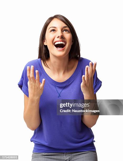 sorprendido joven mujer aislado - mirando al cielo fotografías e imágenes de stock