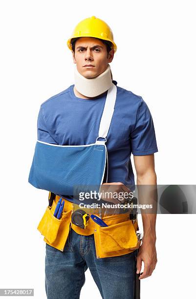 injured construction worker - isolated - builder standing isolated stock pictures, royalty-free photos & images
