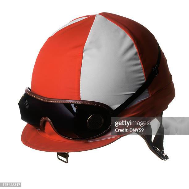 rote und weiße jockey's racing helm mit schwimmbrille - racing silks stock-fotos und bilder