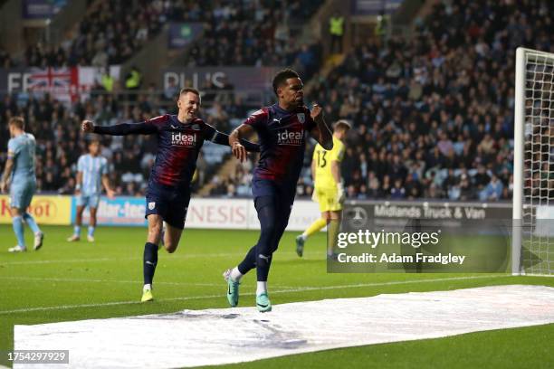 Grady Diangana of West Bromwich Albion celebrates after scoring a goal to make it 0-1 with Jed Wallace of West Bromwich Albion during the Sky Bet...