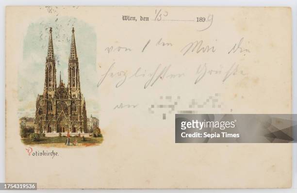 9th, Rooseveltplatz - Votivkirche, picture postcard, Schwanhäusser, Producer paperboard, color lithography, Inscription, FROM, Vienna, TO, Schemnitz,...