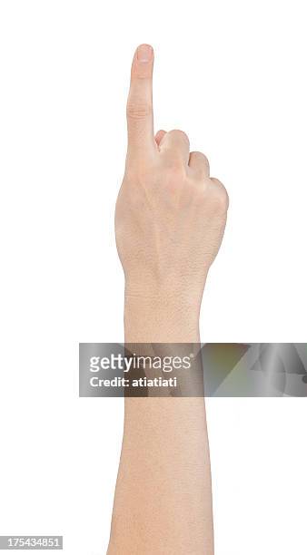 hand showing one finger on white background - hand pointing stockfoto's en -beelden