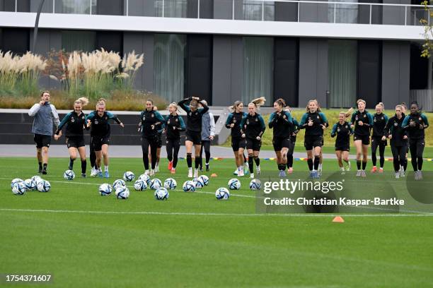 The team warms up during a Germany Women's training session at DFB Campus on October 24, 2023 in Frankfurt am Main, Germany.