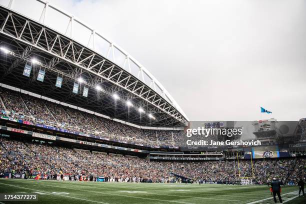 General view of Lumen field during a game between the Seattle Seahawks and the Arizona Cardinals on October 22, 2023 in Seattle, Washington.