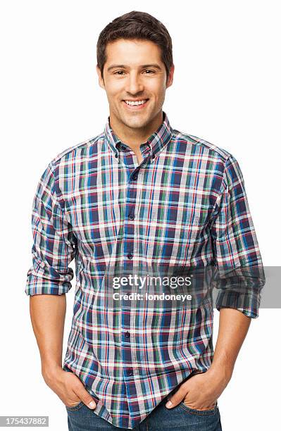 handsome man standing with hands in pockets - isolated - checked shirt stock pictures, royalty-free photos & images