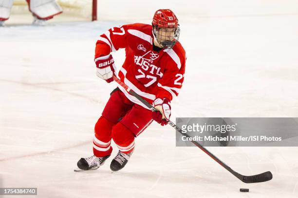 Jack Hughes of Boston University skates up the ice during a game between Boston University and University of Notre Dame at Compton Family Ice Arena...