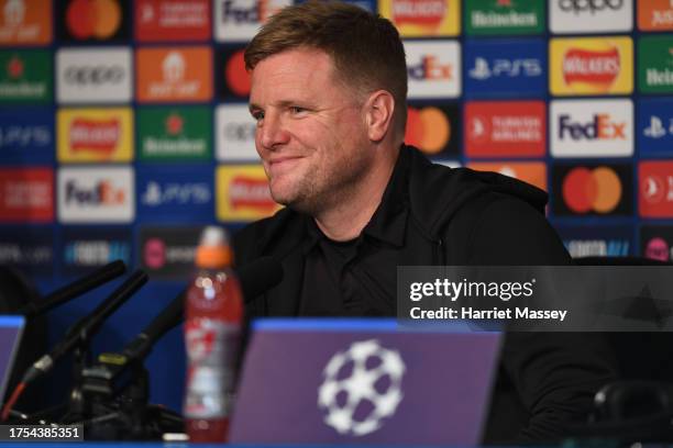 Newcastle United Head Coach Eddie Howe during the Newcastle United Press Conference at St. James Park on October 24, 2023 in Newcastle upon Tyne,...