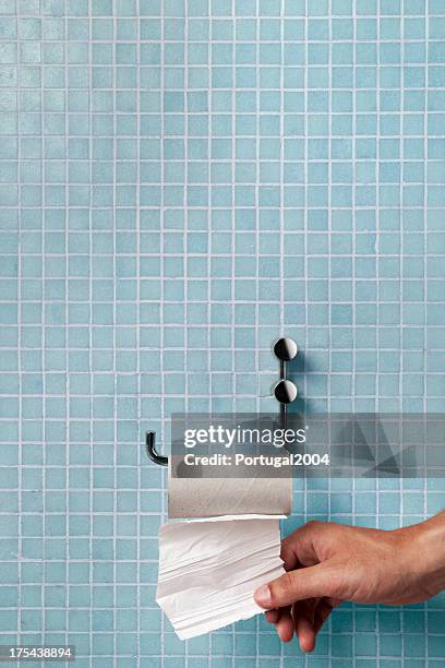 hand pulling last square of toilet paper from the roll - toilet paper stock pictures, royalty-free photos & images