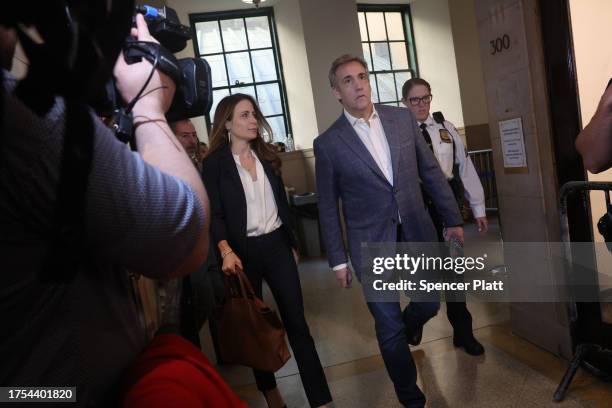 Donald Trump's former lawyer and "fixer" Michael Cohen arrives at Trump's civil fraud trial at New York State Supreme Court on October 24, 2023 in...