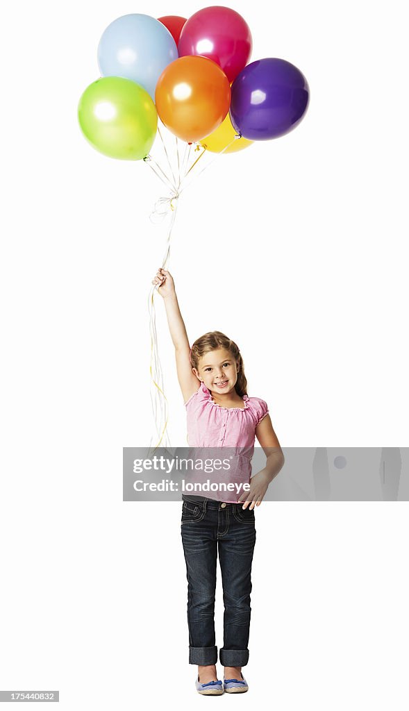 Mädchen hält einen Haufen bunte Ballons-isoliert