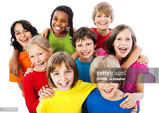 group of embraced kids. - kids smiling multiple nationalities stock pictures, royalty-free photos & images