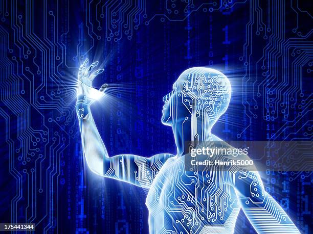 man with hi-tech circuit theme - computer printing stock pictures, royalty-free photos & images